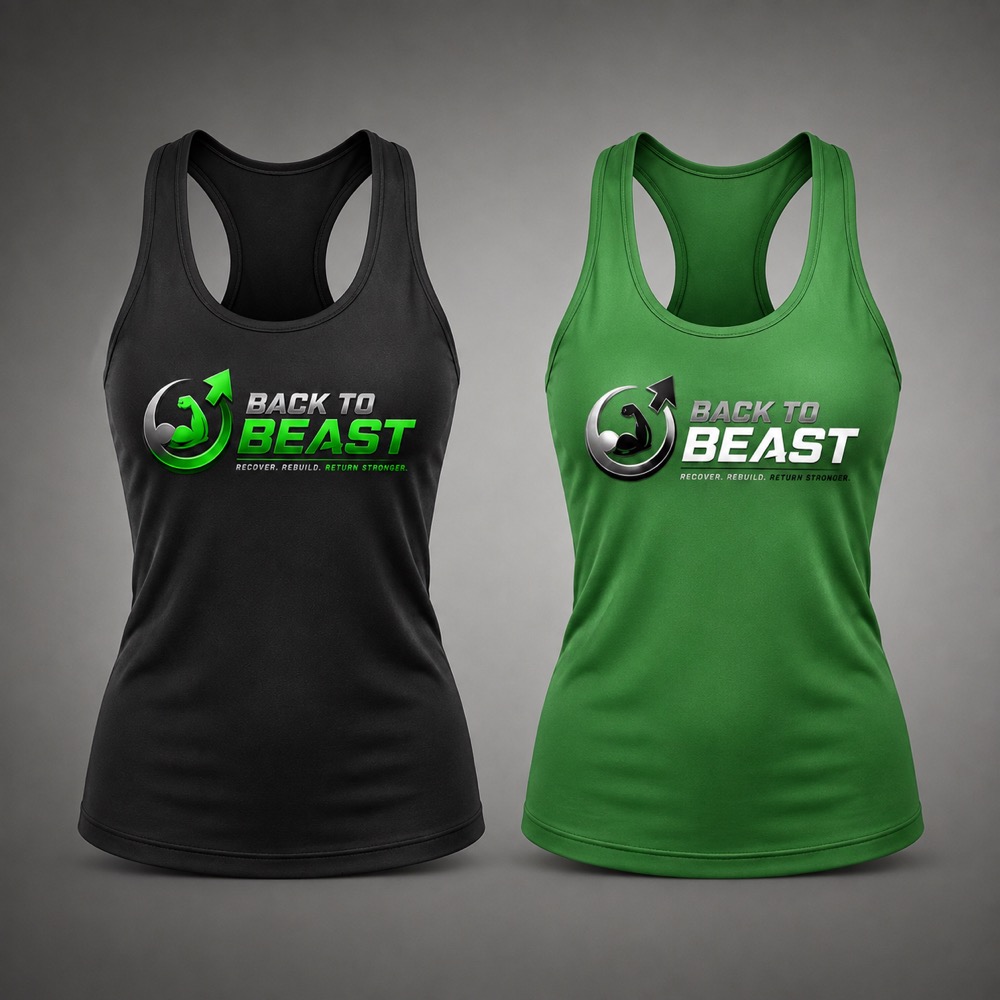 Back to Beast racerback tank in black and in green, front logo.
