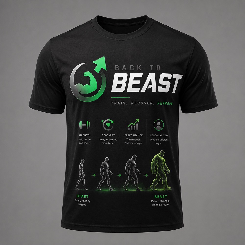 Back to Beast four pillars tee in black, full front print with strength, recovery, performance and personalised panels.