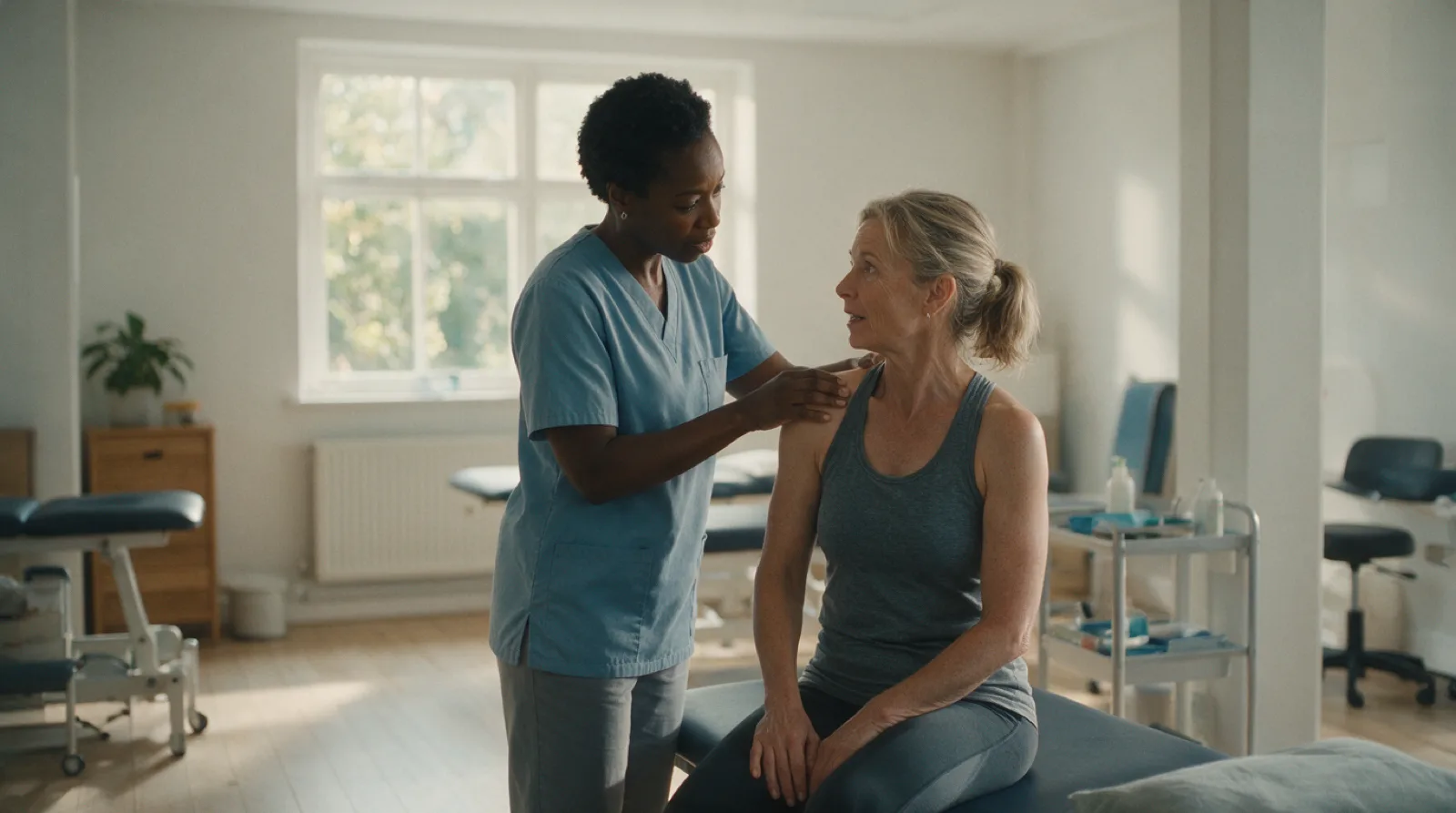 A physiotherapist examining a seated athlete's shoulder in a bright clinic, mid-conversation.